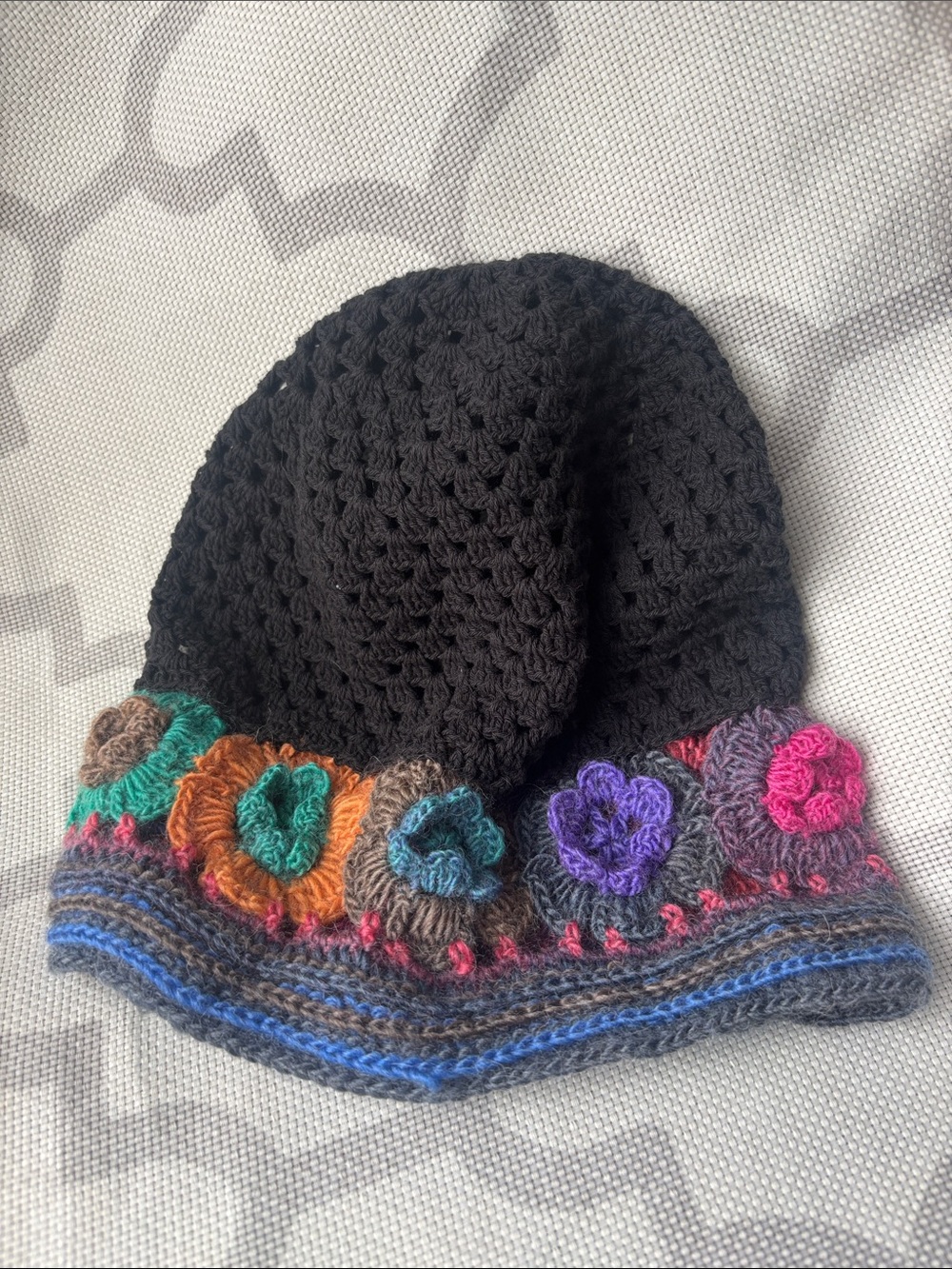 Handmade Black Crochet Beanie with Colorful Floral Trim - Women Accessories